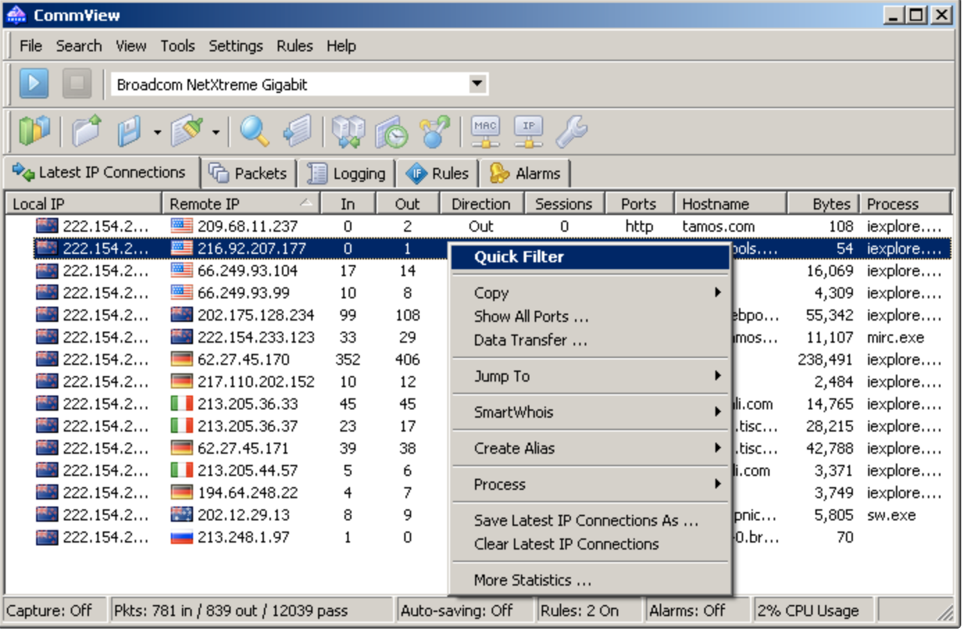 CommView network monitoring software showing captured network traffic